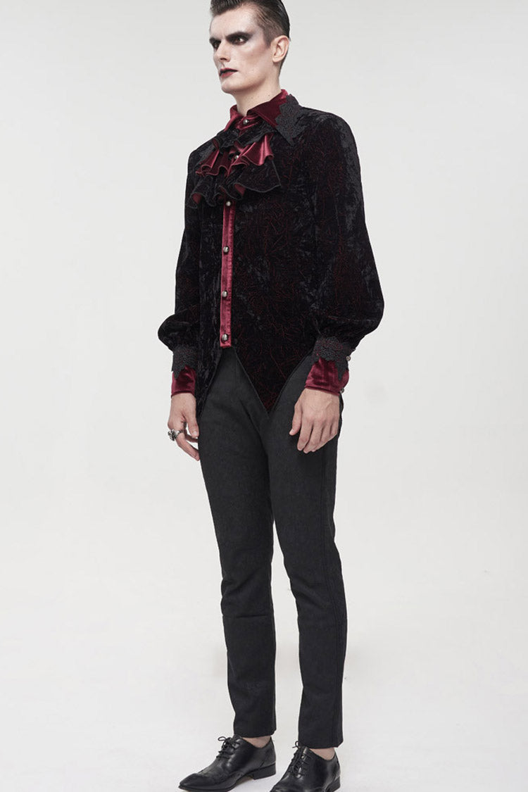 Black/Red Gothic Lace Stand Collar Ruffle Lantern Sleeves Velvet Crack Men's Shirt - Product - 10