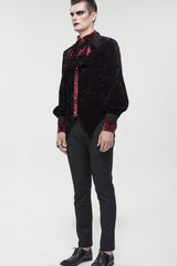 Black/Red Gothic Lace Stand Collar Ruffle Lantern Sleeves Velvet Crack Men's Shirt - Product - 10