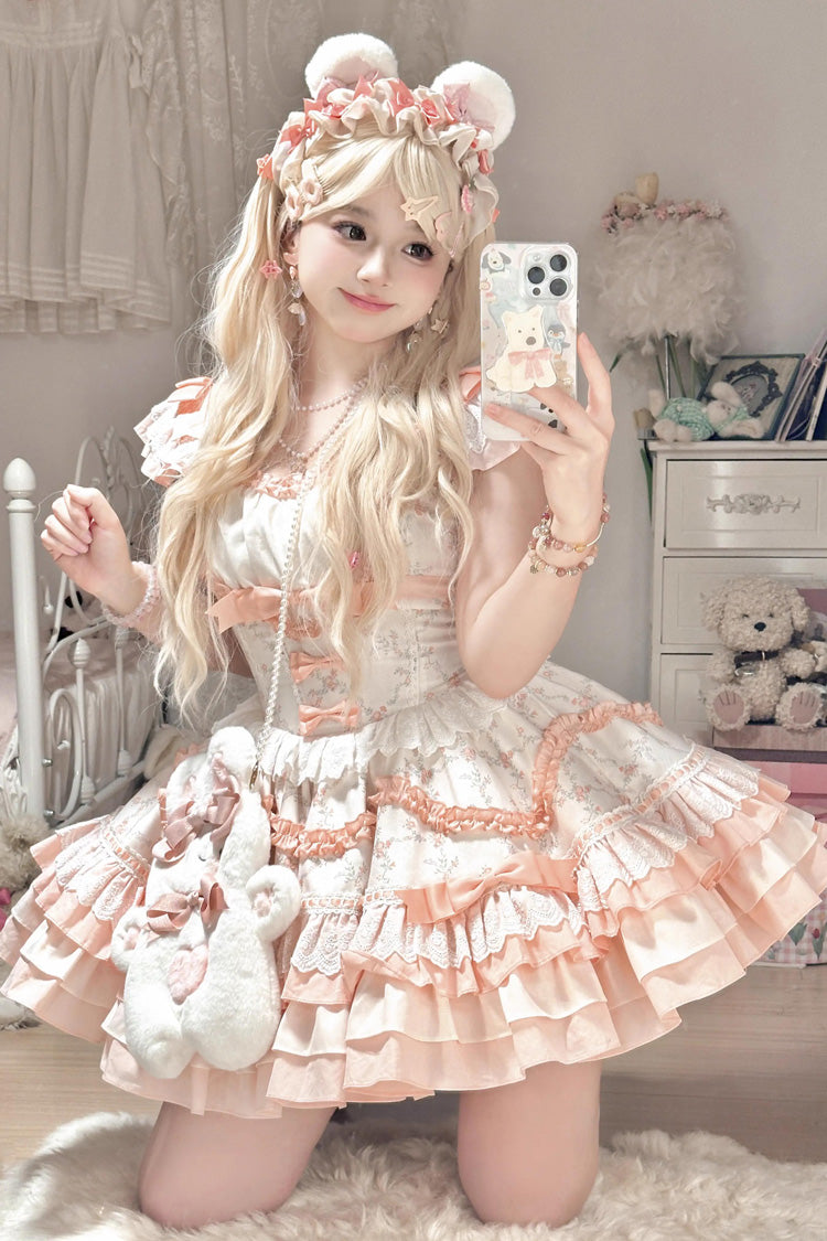 Floral Print Multi-layer Ruffle Bowknot Lace Sweet Lolita Tiered Dress 2 Colors - Pink - 1