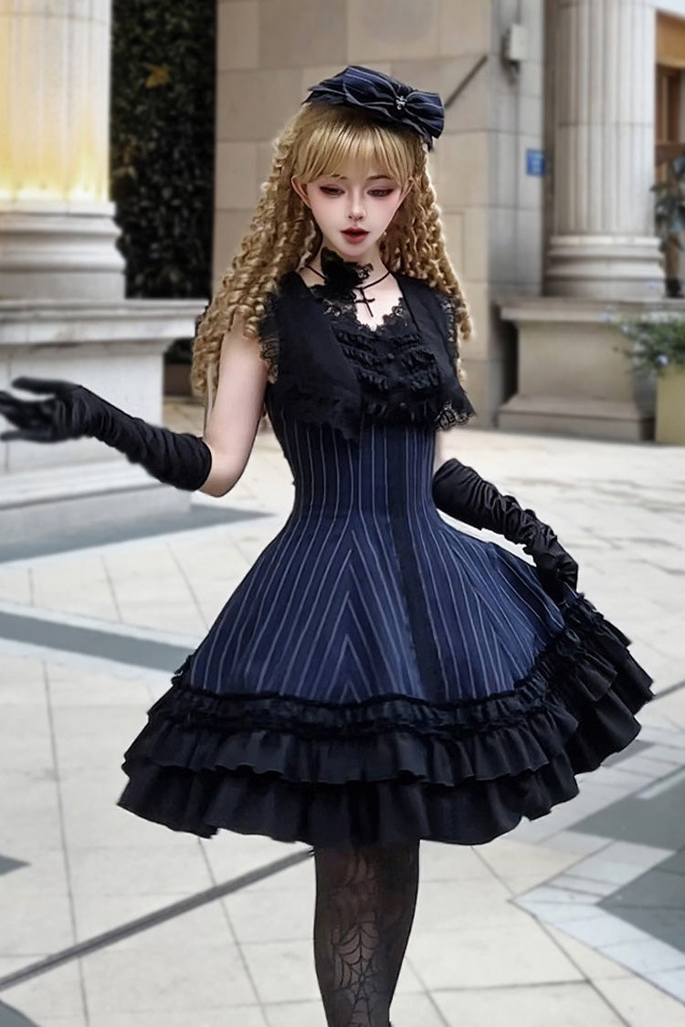 [Escape] Double-Layered Jacquard Striped Printed Ruffled Slim Gothic Lolita Jumper Dress 3 Colors - Product - 7
