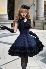 [Escape] Double-Layered Jacquard Striped Printed Ruffled Slim Gothic Lolita Jumper Dress 3 Colors - Product - 7