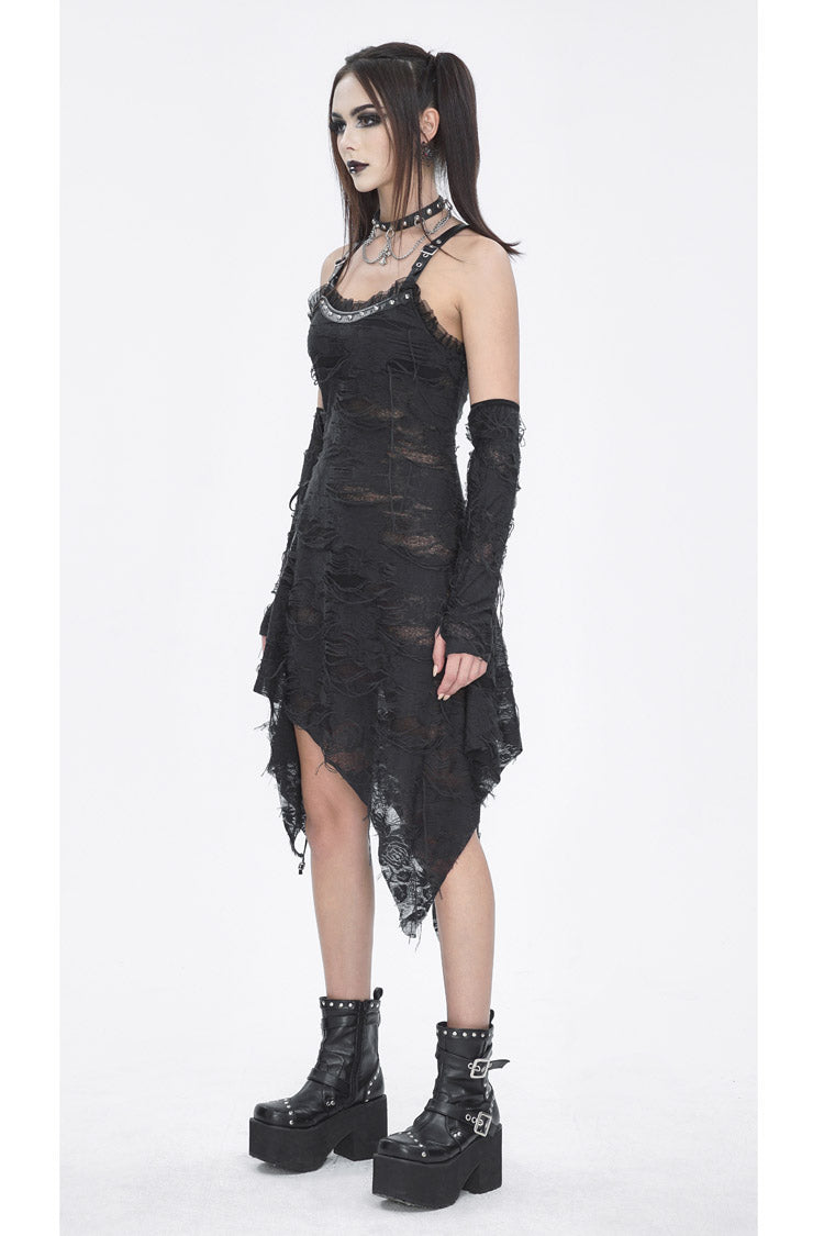 Black Sleeveless Lace Irregular Womens Gothic Strap Dress - Product - 5