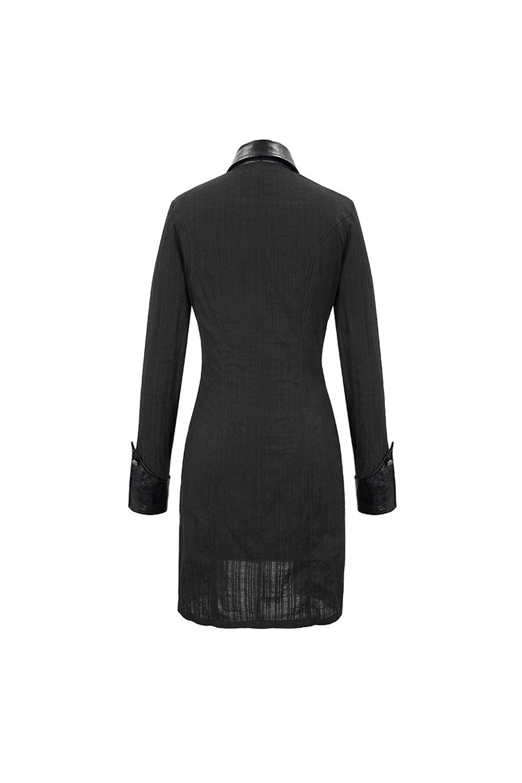 Black Vertical Suture Texture Leather Metal Buckle Design Decoration Long Women's Punk Shirt - Product - 9