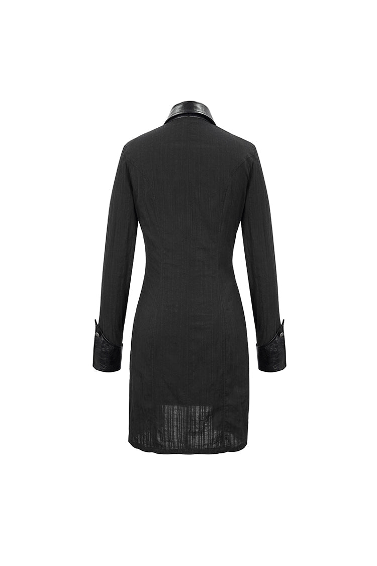 Black Vertical Suture Texture Leather Metal Buckle Design Decoration Long Women's Punk Shirt - Product - 9