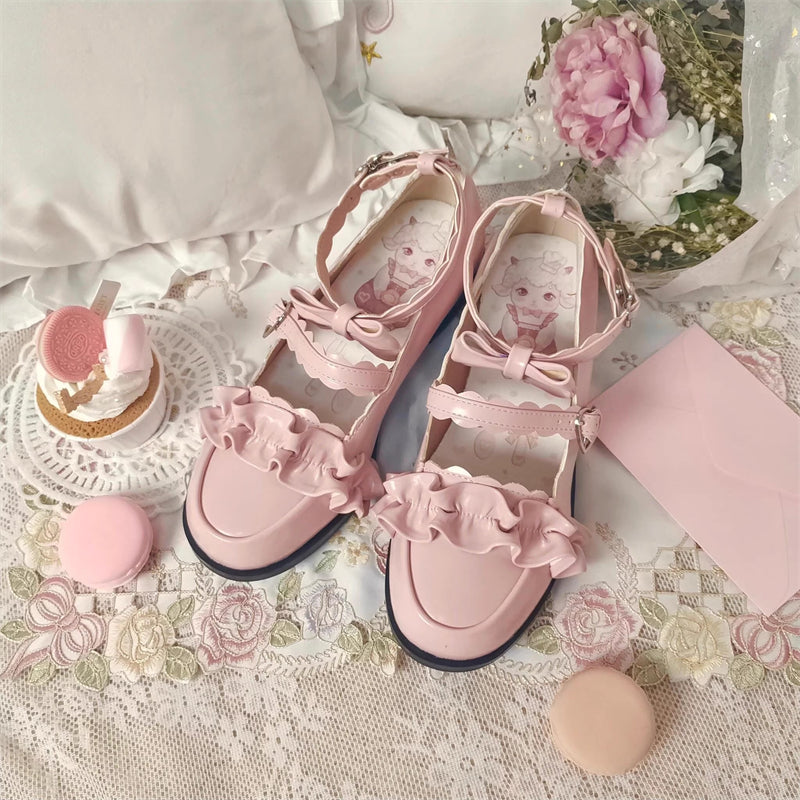 Sweet Ruffle Bowknot Japanese Lolita Shoes 15 Colors - Grey-Peach-Pink - 7