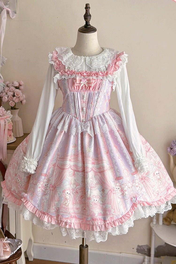 Pink Square Collar Sleeveless Printed Ruffled Lace Sweet Lolita Jsk Dress - Product - 3