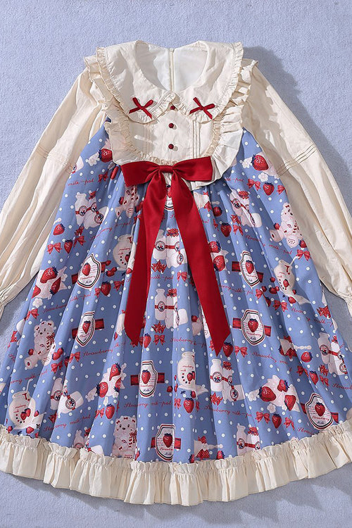 Round Collar High Waist Strawberry Milk Jar Printed Sweet Lolita OP Dress - Product - 7