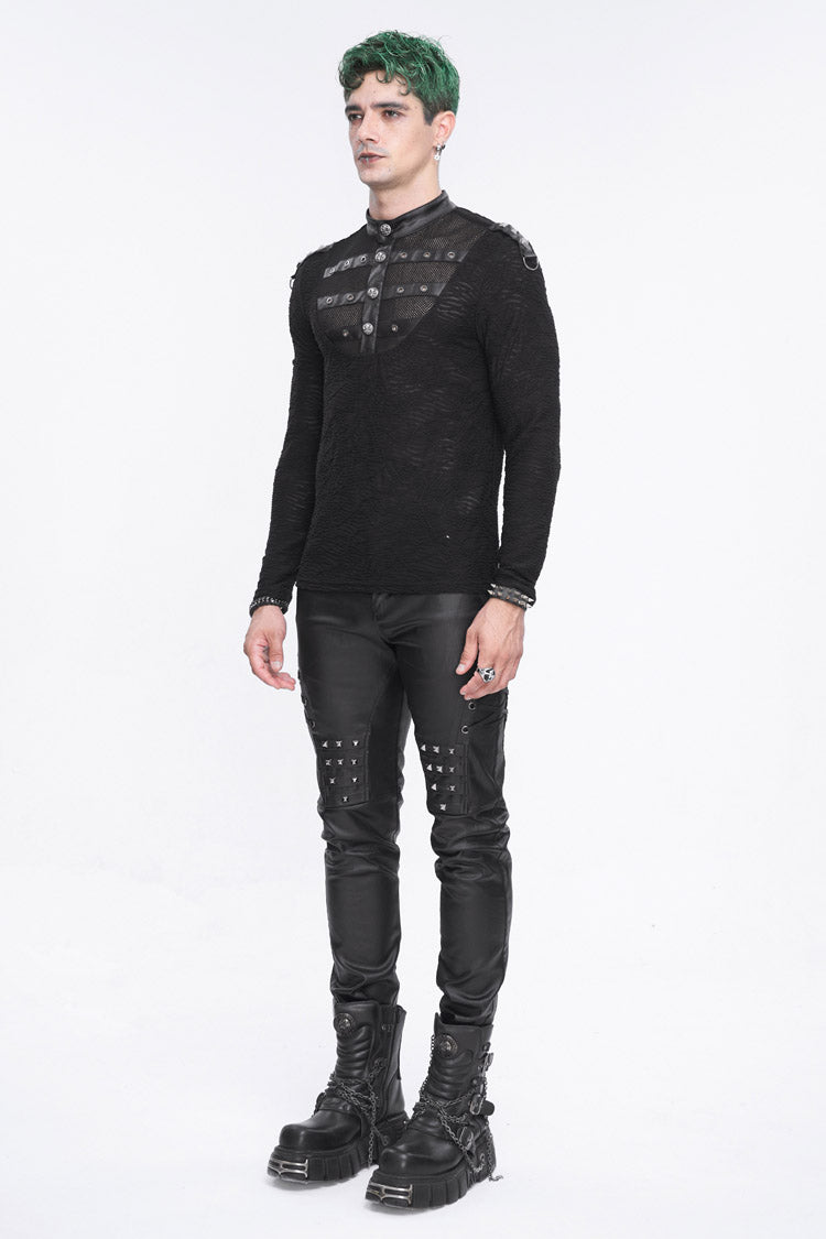 Black Stand Collar Mesh Splice Men's Punk Shirt - Product - 5