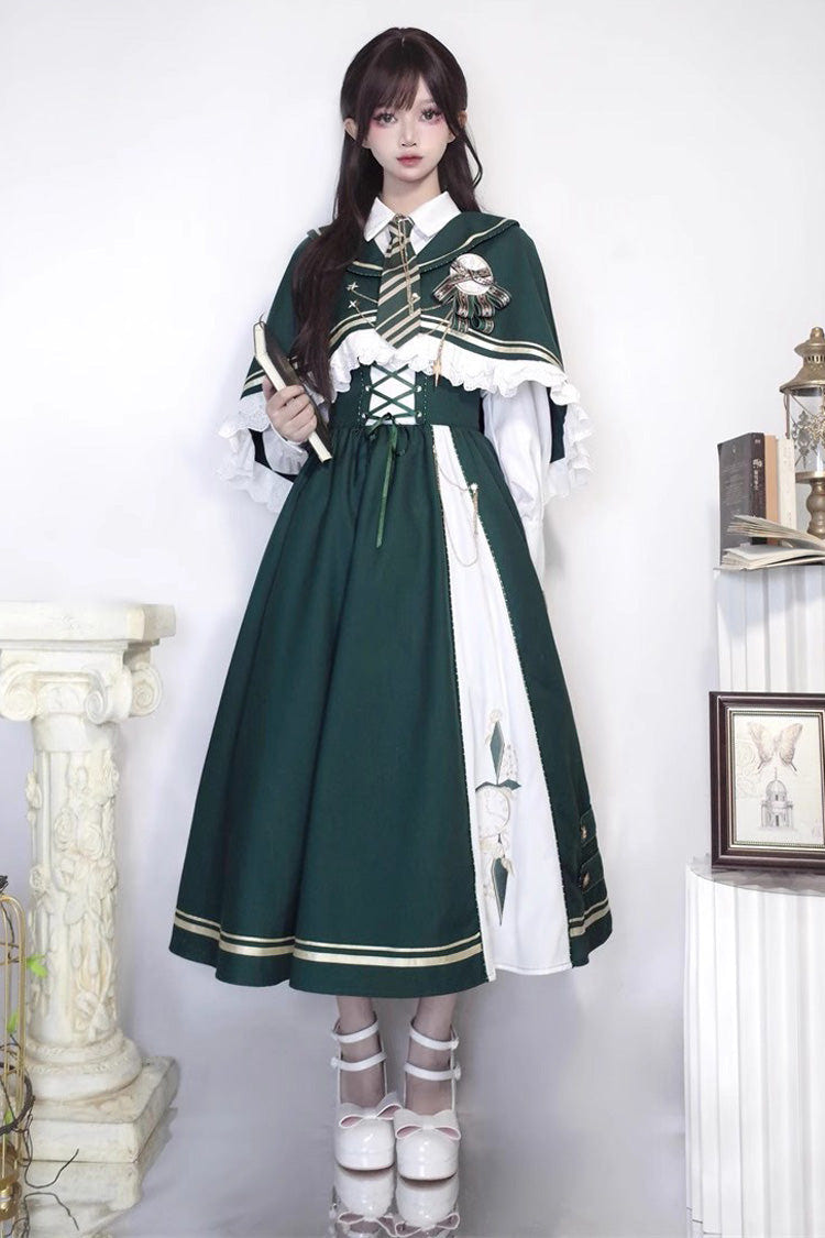 Green Time Traveler Print College Style Sweet Lolita Strap Dress 4 Piece Set - Product - 5