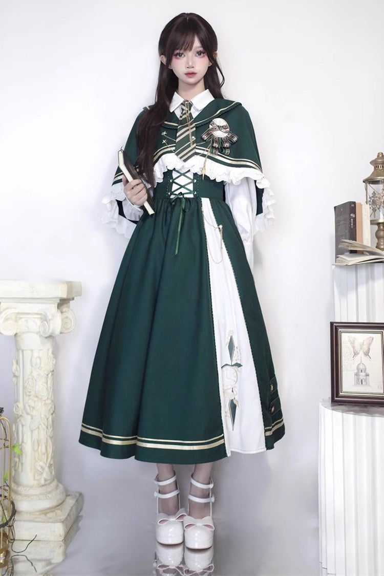 Green Time Traveler Print College Style Sweet Lolita Strap Dress 4 Piece Set - Product - 5