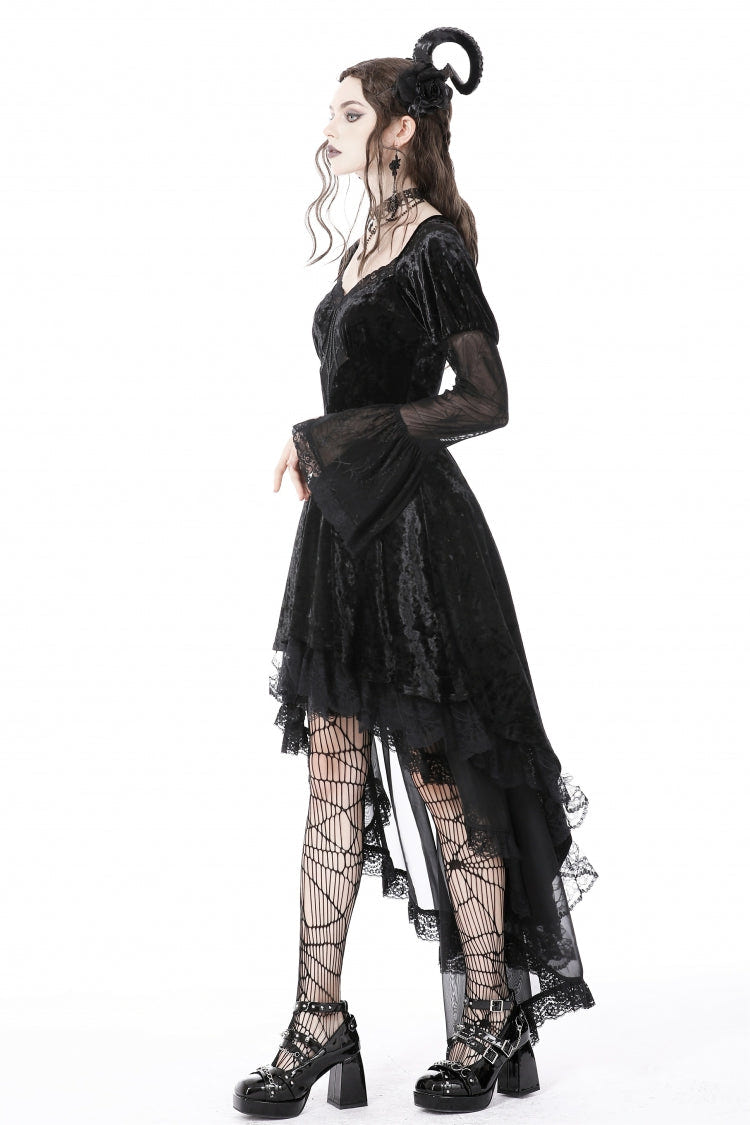 Black Long Puff Sleeves High Low Irregular Multi-Layered Lace Women's Gothic Velvet Dress - Product - 10