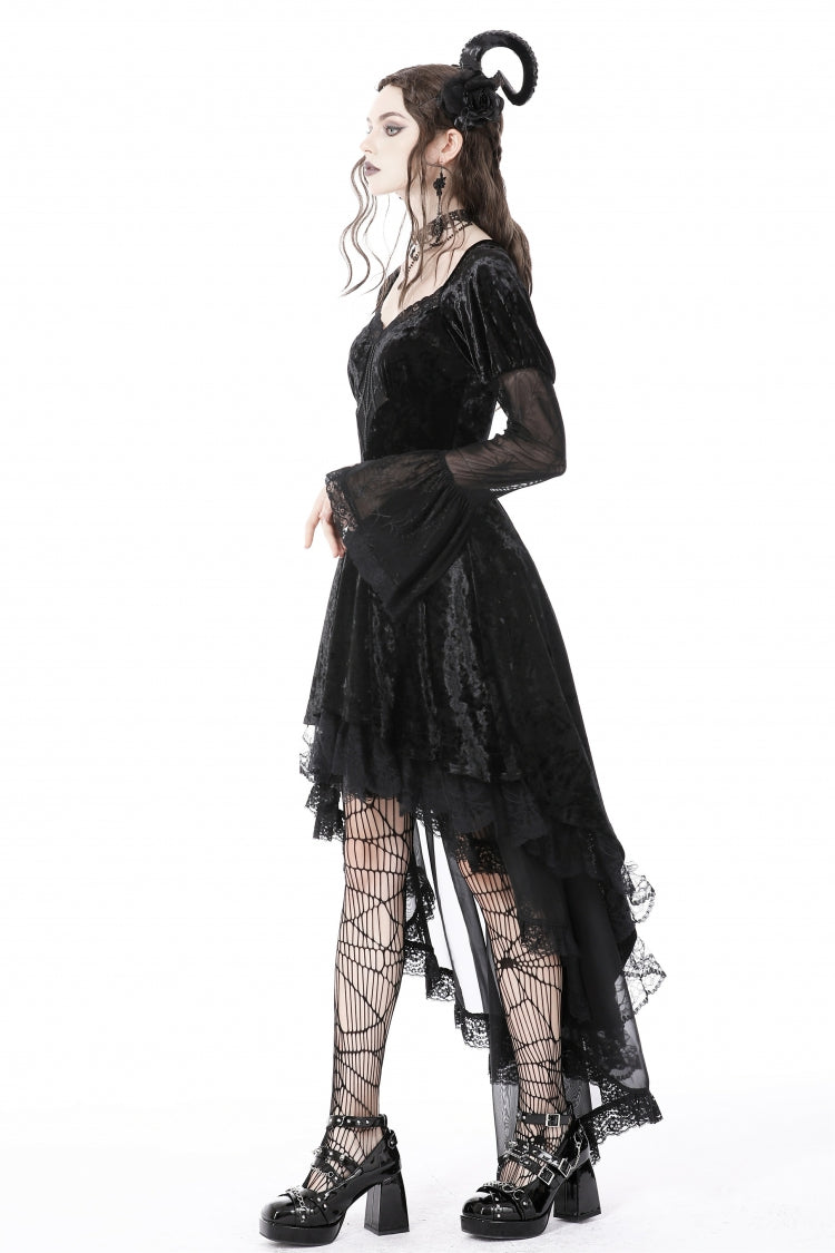 Black Long Puff Sleeves High Low Irregular Multi-Layered Lace Women's Gothic Velvet Dress - Product - 10