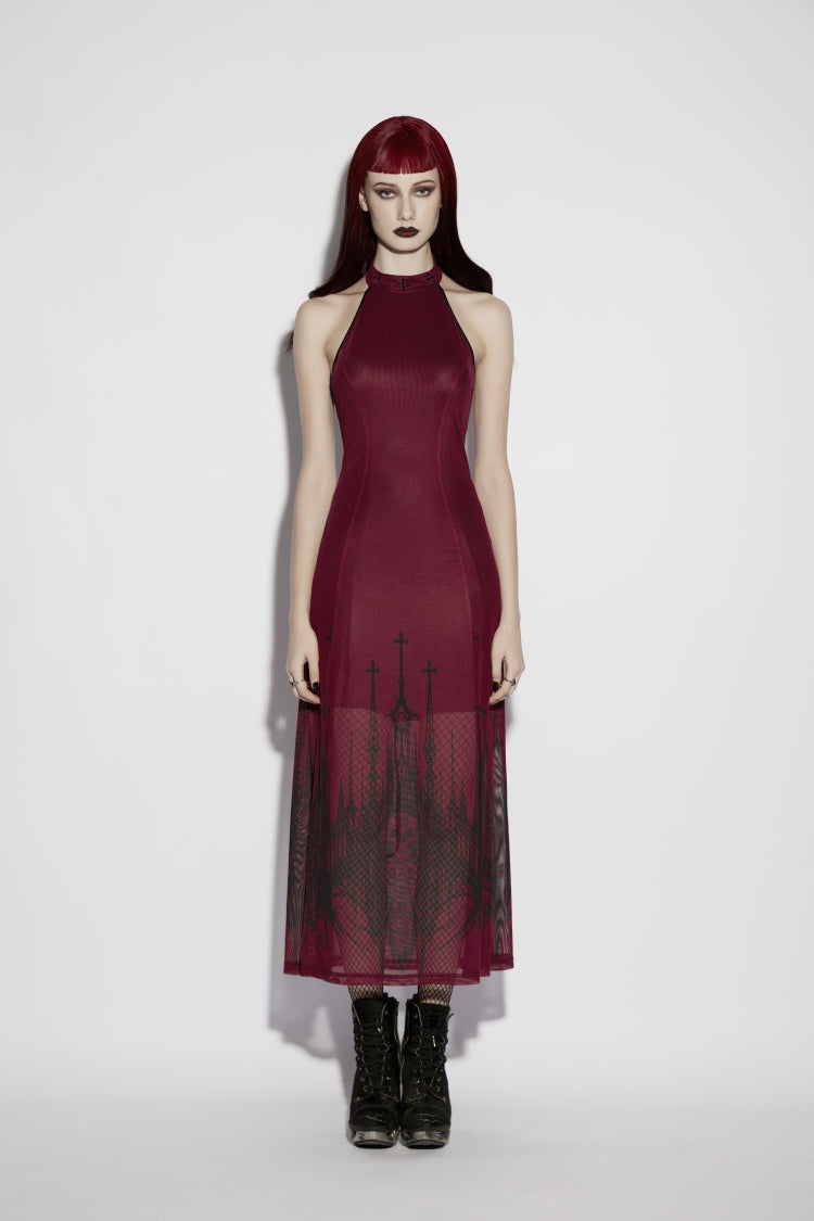 Red Halterneck Sleeveless Double-Layered Church Skull Printed  Printed Lace-Up Slim Women's Gothic Dress Graduation Dress - Product - 10