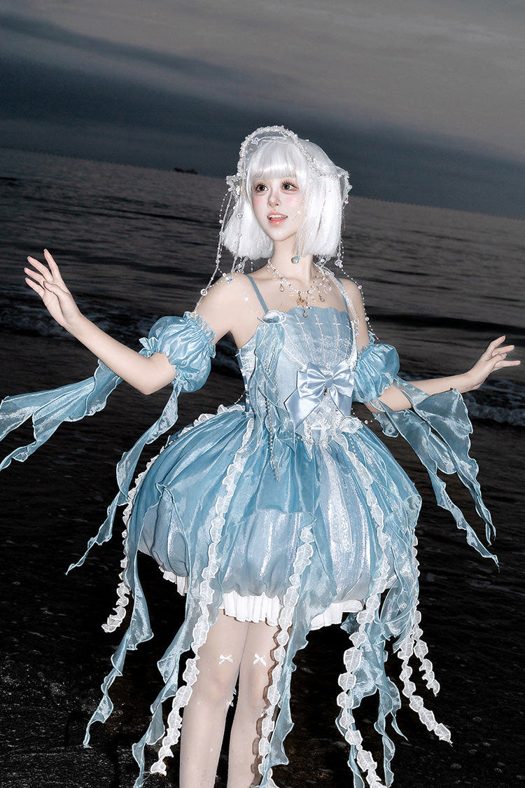 Blue [Dreamy Jellyfish] Square Collar Sleeveless Printed Ruffled Lace Sweet Lolita Jsk Dress Set - Product - 5