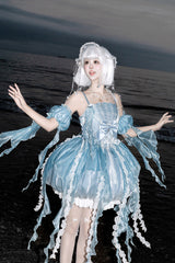 Blue [Dreamy Jellyfish] Square Collar Sleeveless Printed Ruffled Lace Sweet Lolita Jsk Dress Set - Product - 5