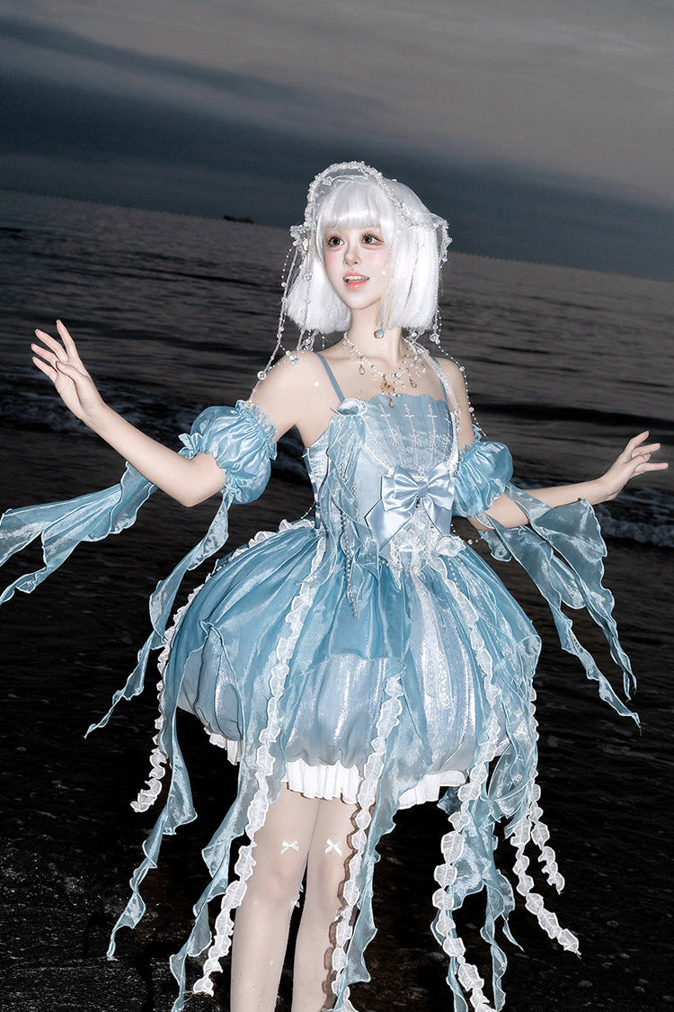 Blue [Dreamy Jellyfish] Square Collar Sleeveless Printed Ruffled Lace Sweet Lolita Jsk Dress Set - Product - 5