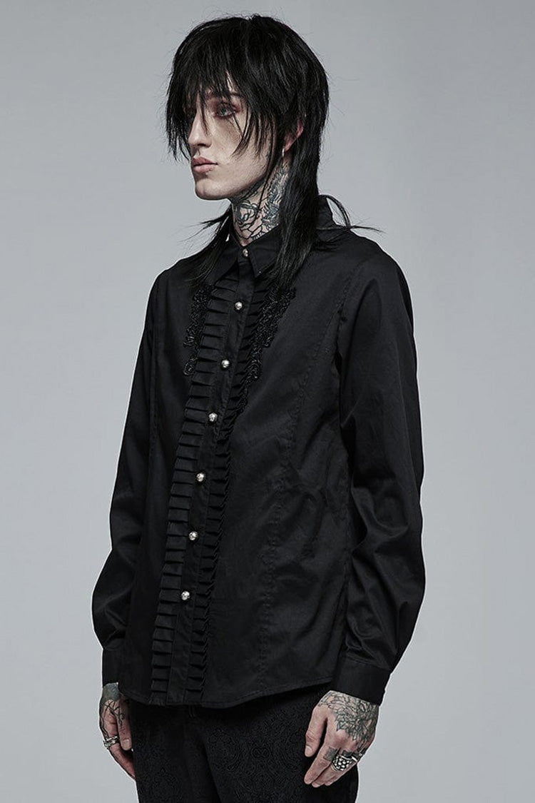 Black Gothic Delicate Decals Placket Pleated Ruffle Long Sleeve Men's Shirt - Product - 2