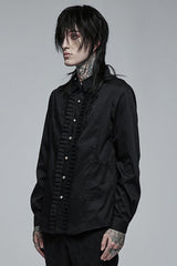 Black Gothic Delicate Decals Placket Pleated Ruffle Long Sleeve Men's Shirt - Product - 2