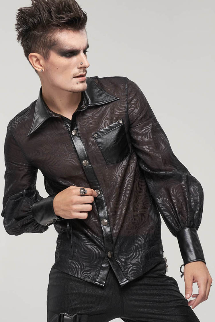 Black Punk Vertical Pattern Printing Cuff Drawstring Decoration See-Through Men's Shirt - Product - 2