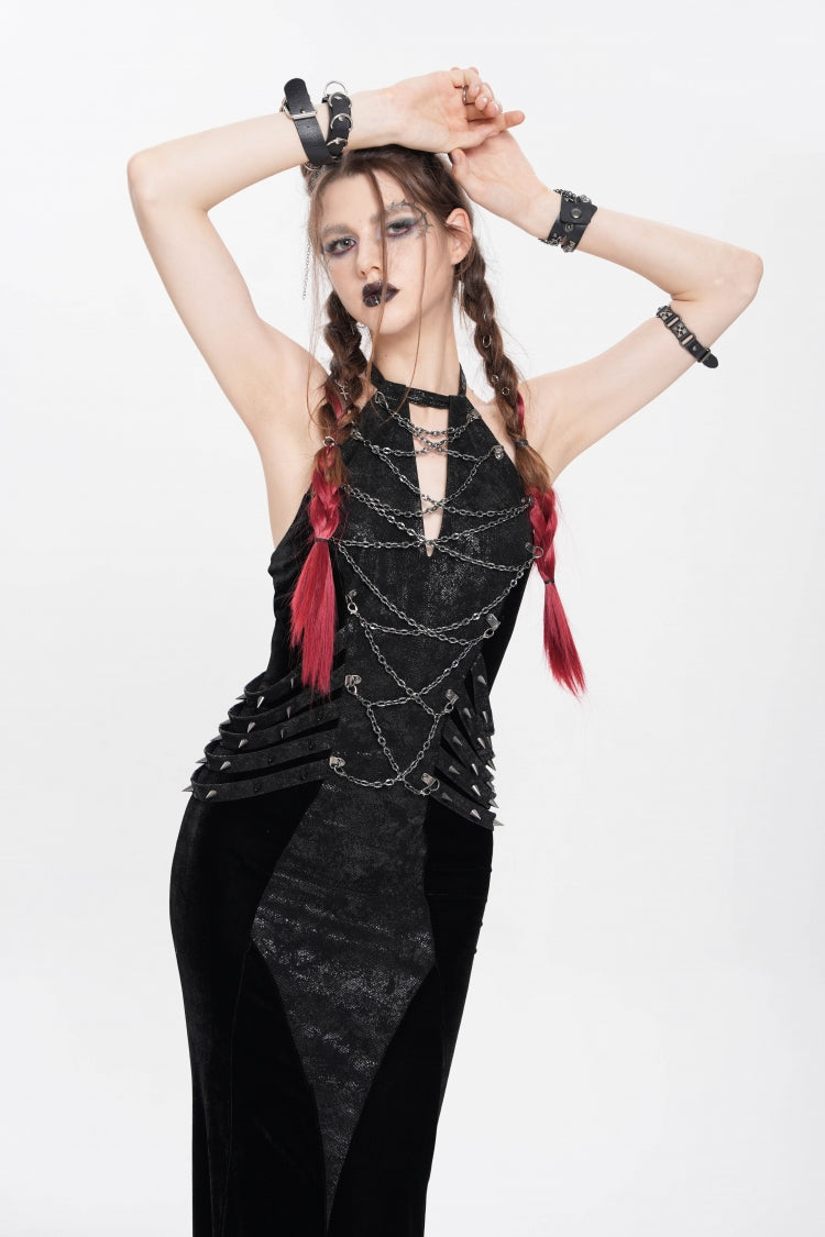 Black Halterneck Sleeveless Rivet Straps Chain Women's Punk Dress - Product - 5