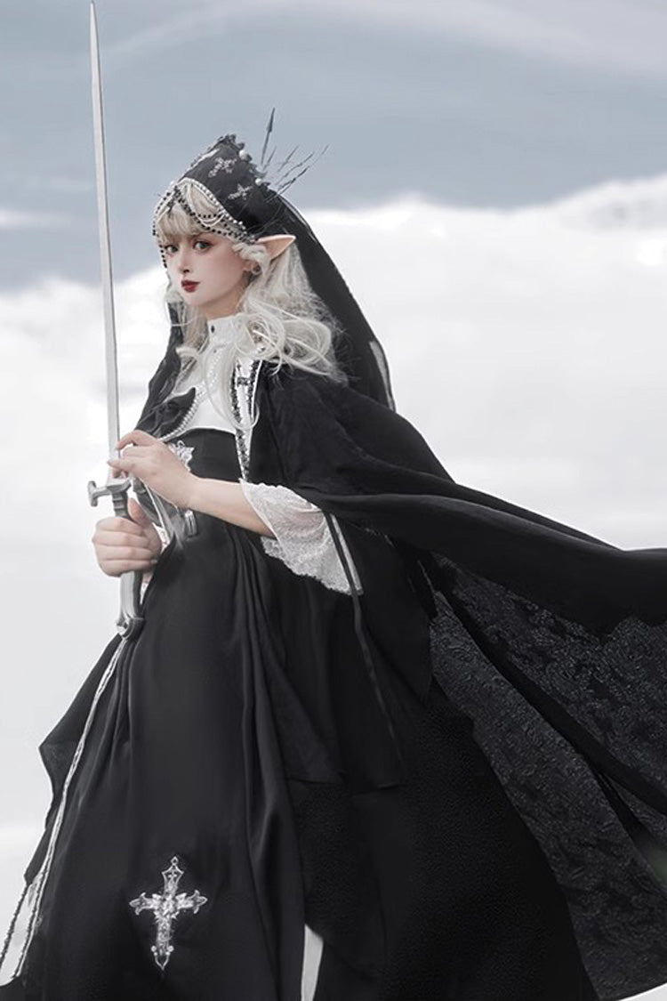 Black [Cross Nun] Stand Collar Off Shoulder Print Bowknot Gothic Elegant Lolita Dress - Product - 7