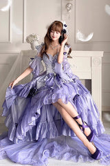 Misty Purple [Swan Wonderland] Embroidery Bowknot Lace-Up Short Front Long Back Irregular Sweet Ballet Lolita Jsk Dress - Product - 3