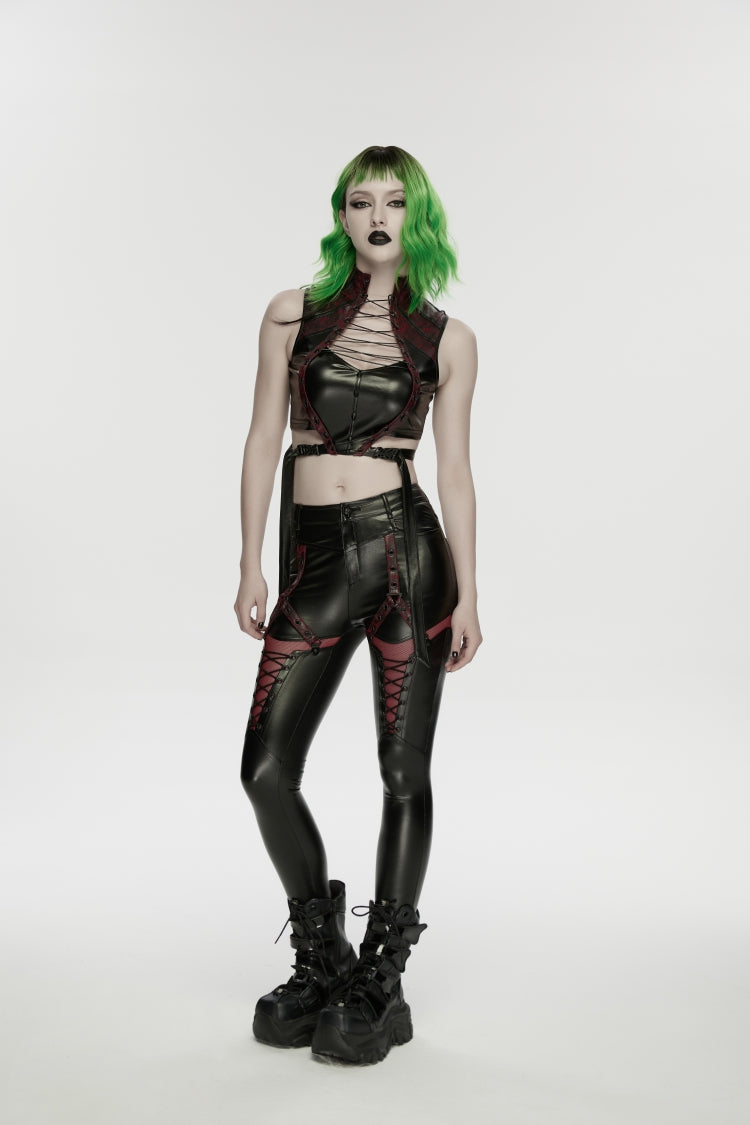 Black/Red Cut-Out Spliced Eyelet Mesh Women's Punk Leggings - Product - 4