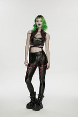 Black/Red Cut-Out Spliced Eyelet Mesh Women's Punk Leggings - Product - 4