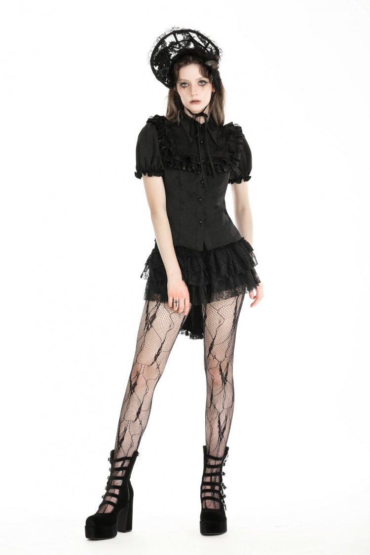 Black Point Collar Short Puff Sleeves Ruffled Women's Gothic Blouse - Product - 10