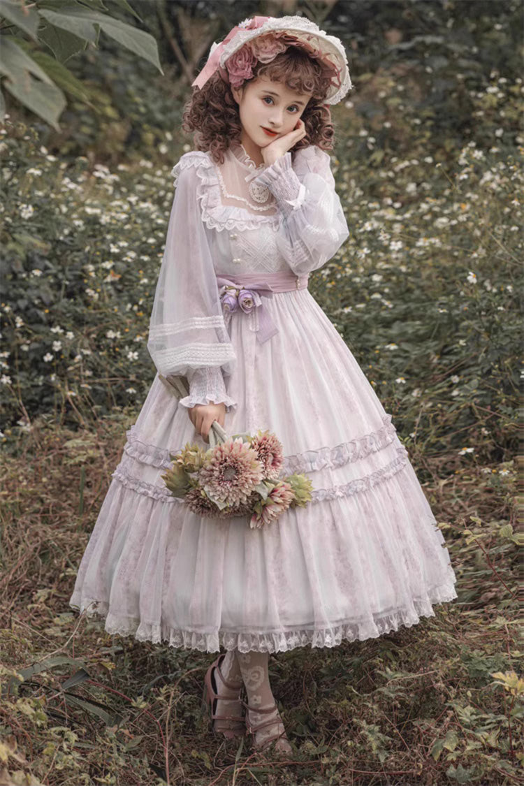Light Purple Long Sleeves Ruffle Bowknot Lace Sweet Plus Size Elegant Lolita Dress - Product - 2