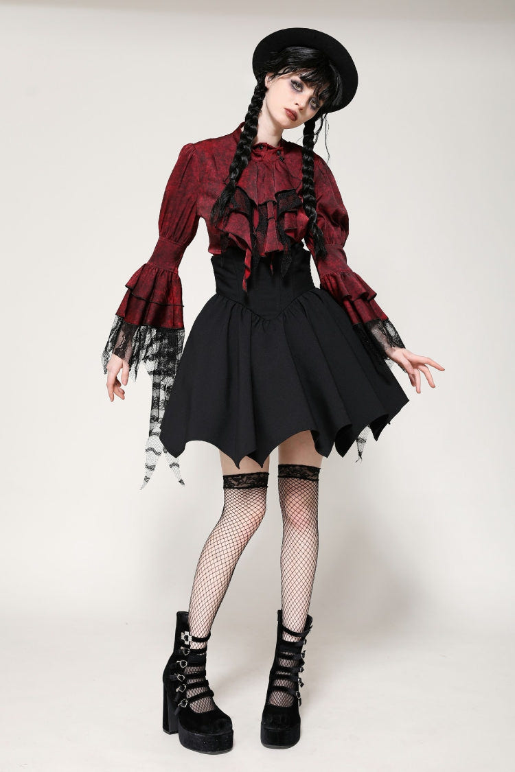 Red Multi-Layered Frilly Lace Long Hime Sleeves Lace-Up Women's Gothic Blouse - Product - 7