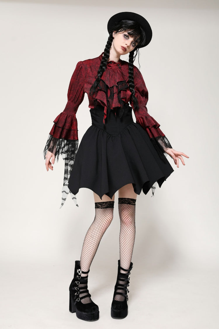 Red Multi-Layered Frilly Lace Long Hime Sleeves Lace-Up Women's Gothic Blouse - Product - 7
