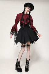 Red Multi-Layered Frilly Lace Long Hime Sleeves Lace-Up Women's Gothic Blouse - Product - 7