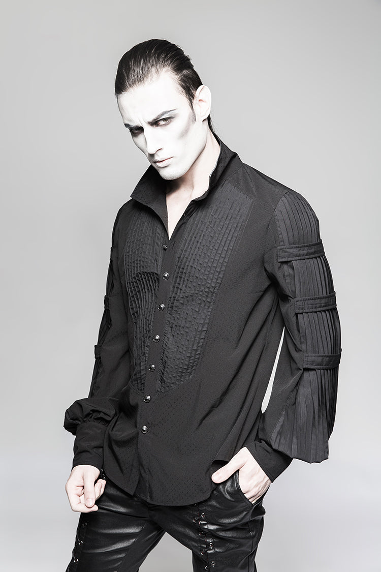 Black Stripes Long Sleeves Print Mens Gothic Blouse With Necktie - Product - 2