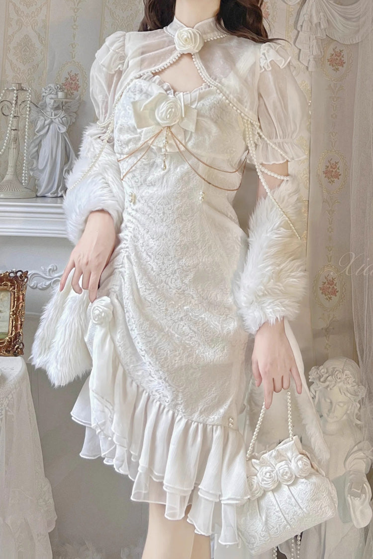White [Camellia 2.0] Sleeveless Jacquard Ruffle Lace Asymmetric Sweet Chinese Style Fishtail Lolita Jsk Dress - Product - 3