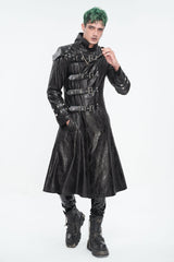 Black Stand Collar Multi Buckle Faux Long Leather Men's Punk Coat - Product - 2