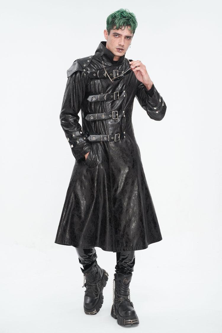 Black Stand Collar Multi Buckle Faux Long Leather Men's Punk Coat - Product - 2