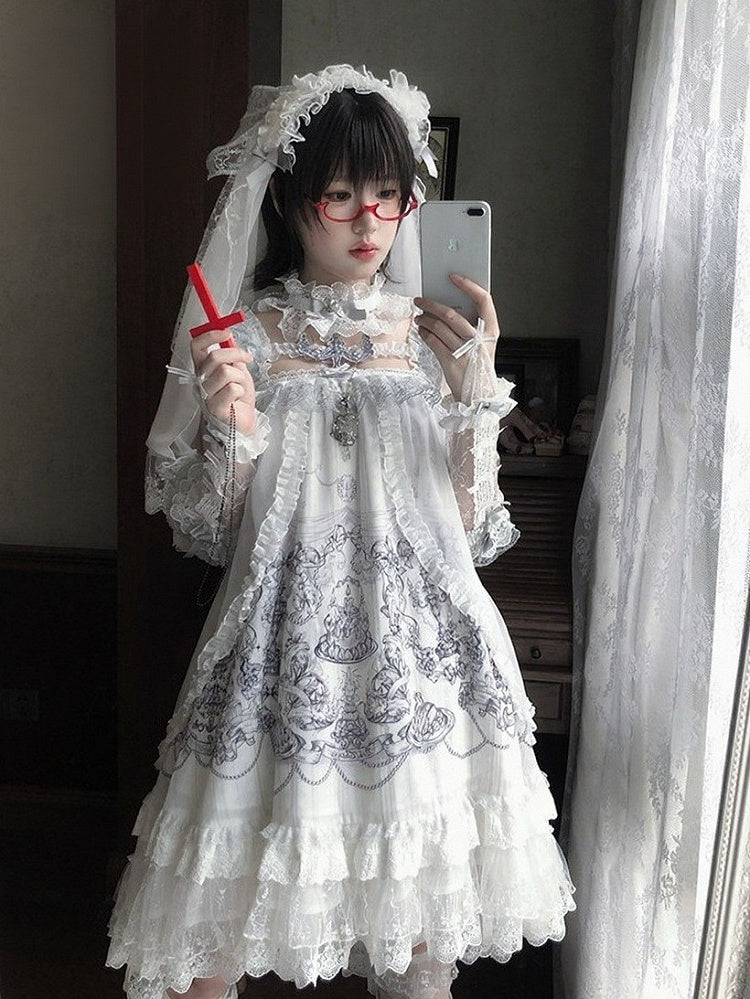 Gothic White Candle Print Waistless Lolita JSK Dress with Lace Details + Choker + Candle Embroidered Brooch Set - view 16