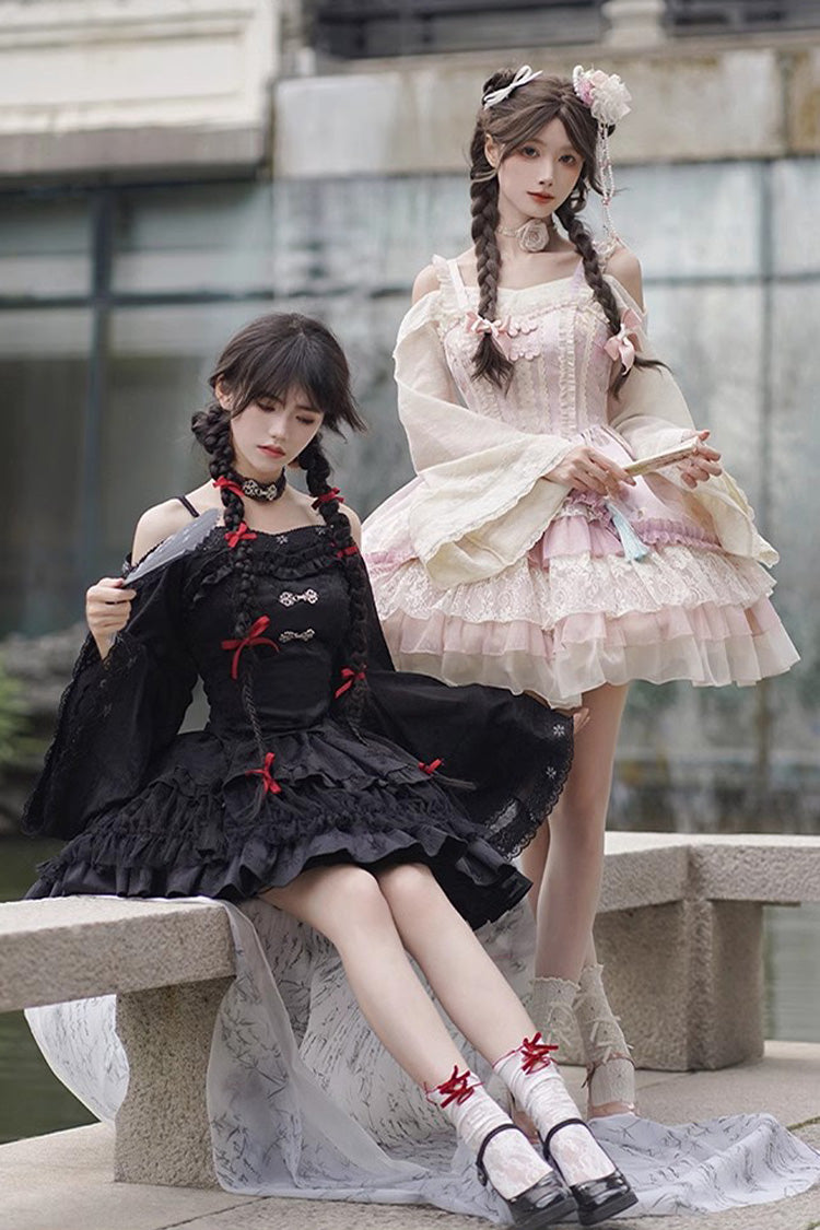 Black Bamboo Leaves Print Ruffle Lace Gothic Chinese Style Lolita Skirt - Product - 4