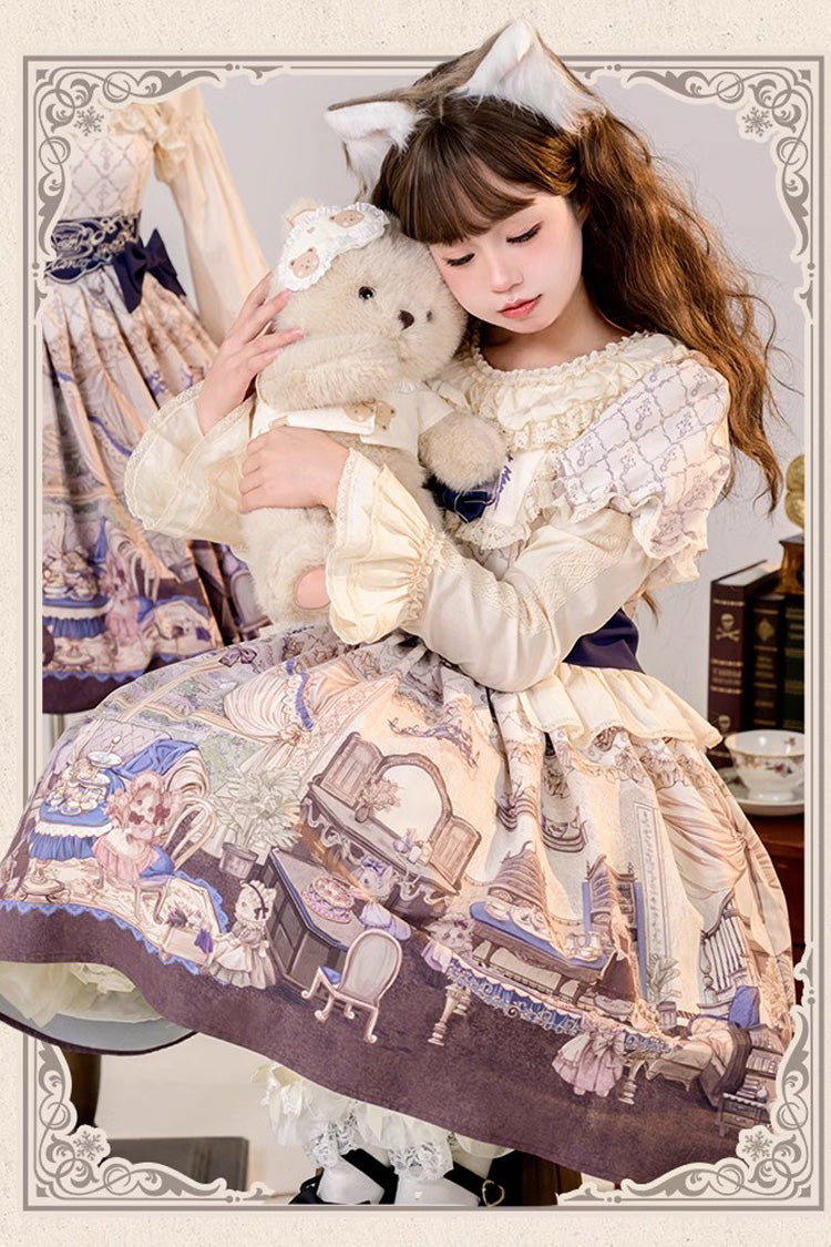 Multi-Color Short Sleeves Cat Manor Print Embroidery Bowknot Sweet Lolita OP Dress - Product - 4