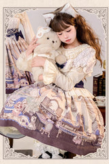 Multi-Color Short Sleeves Cat Manor Print Embroidery Bowknot Sweet Lolita OP Dress - Product - 4