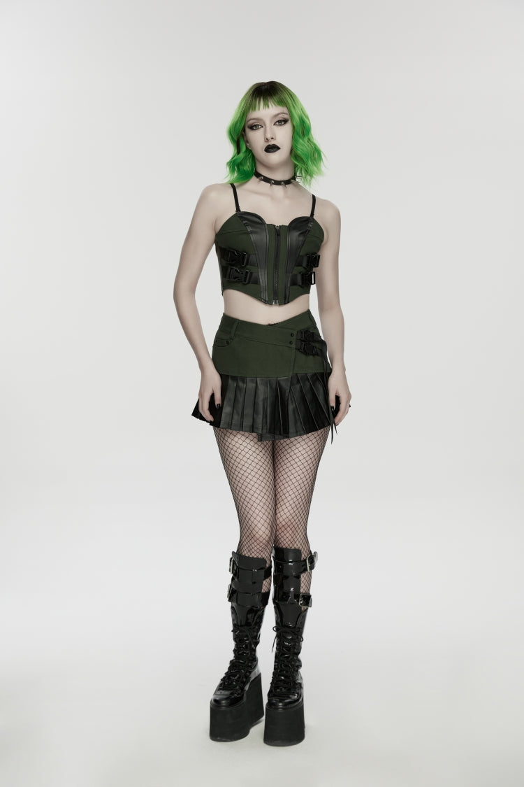 Black/Green Spliced Lace Lace-Up Slim Color-Blocked Zippered Women's Punk Cool Corset - Product - 5