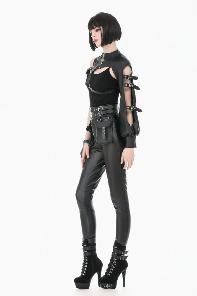 Black Eyelet Buckled Zippered Women's Punk Leather Belt with Side Pouches - Product - 2