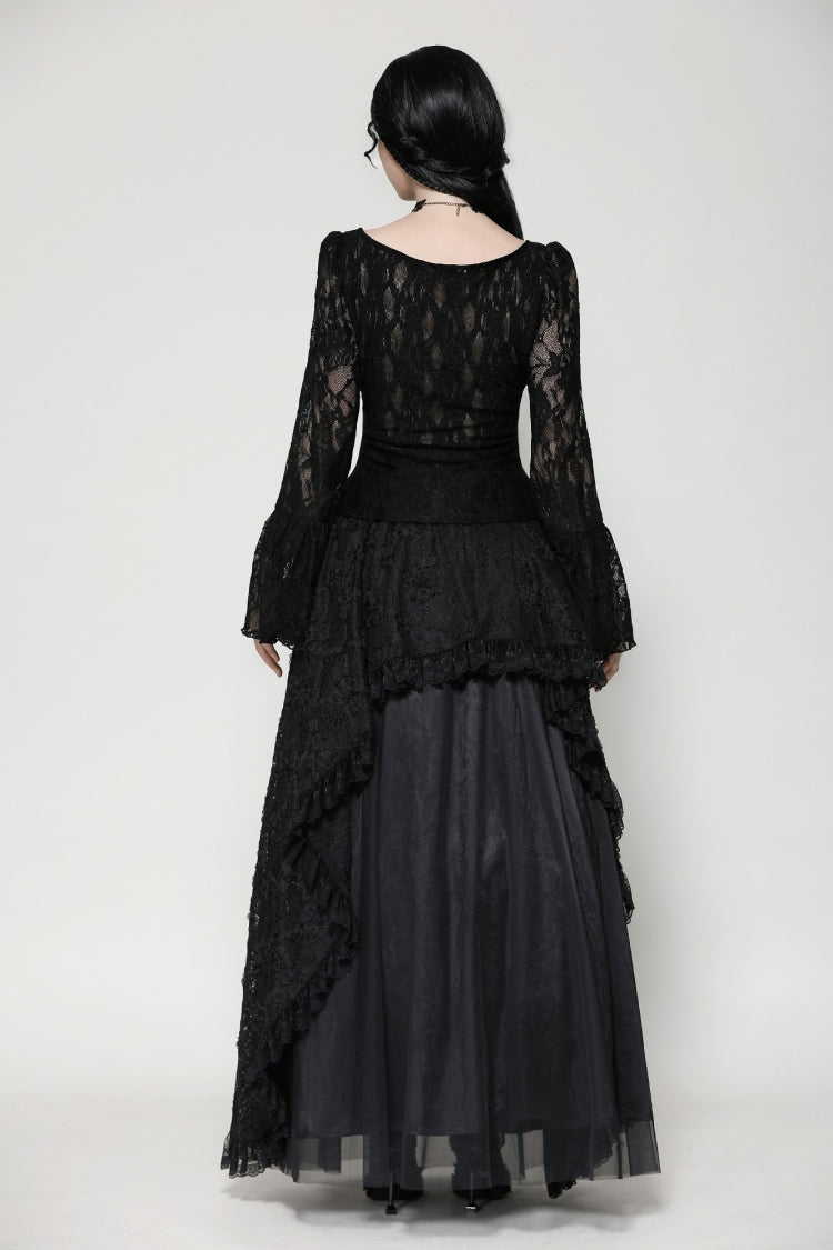Black Deep V Collar Long Trumpet Sleeves Lace Lace-Up Women's Gothic Corset Top - Product - 4