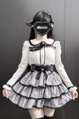 Jirai Kei Doll Collar Long Sleeves Triple-Layered Ruffled Bow Lace Japanese Skirt Blouse Set 2 Colors - White-Set(White-Blouse+Print-Skirt) - 5