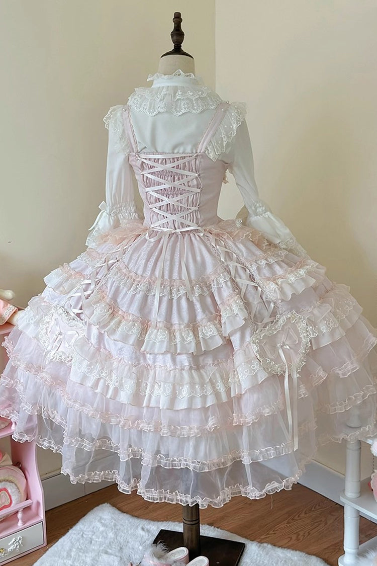 Pink [Sweetheart Diary] Multi-Layered Ruffle Hanayome Embroidery Bowknot Lace Sweet Lolita Jsk Dress - Product - 22
