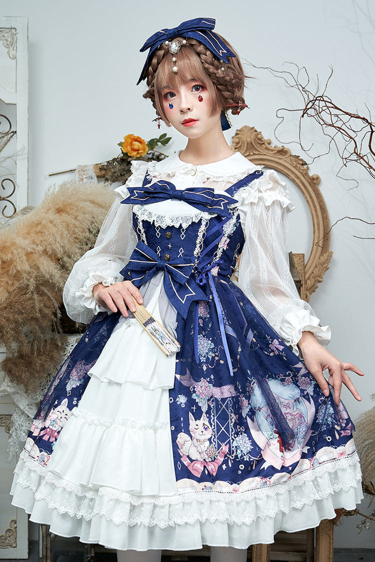 アライグマ紫陽花プリント切り替えリボンフリル花嫁風ティアードスウィートロリータジャンパースカート（JSK） 商品画像