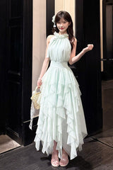 Light Green [Mist Bell] Halterneck Sleeveless Multi-Layered Ruffled Irregular Sweet Lolita Dress - Light-Green - 1