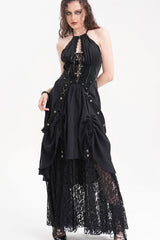 Black Halterneck Hollow Lace Women's Gothic Strap Maxi Dress - Product - 11
