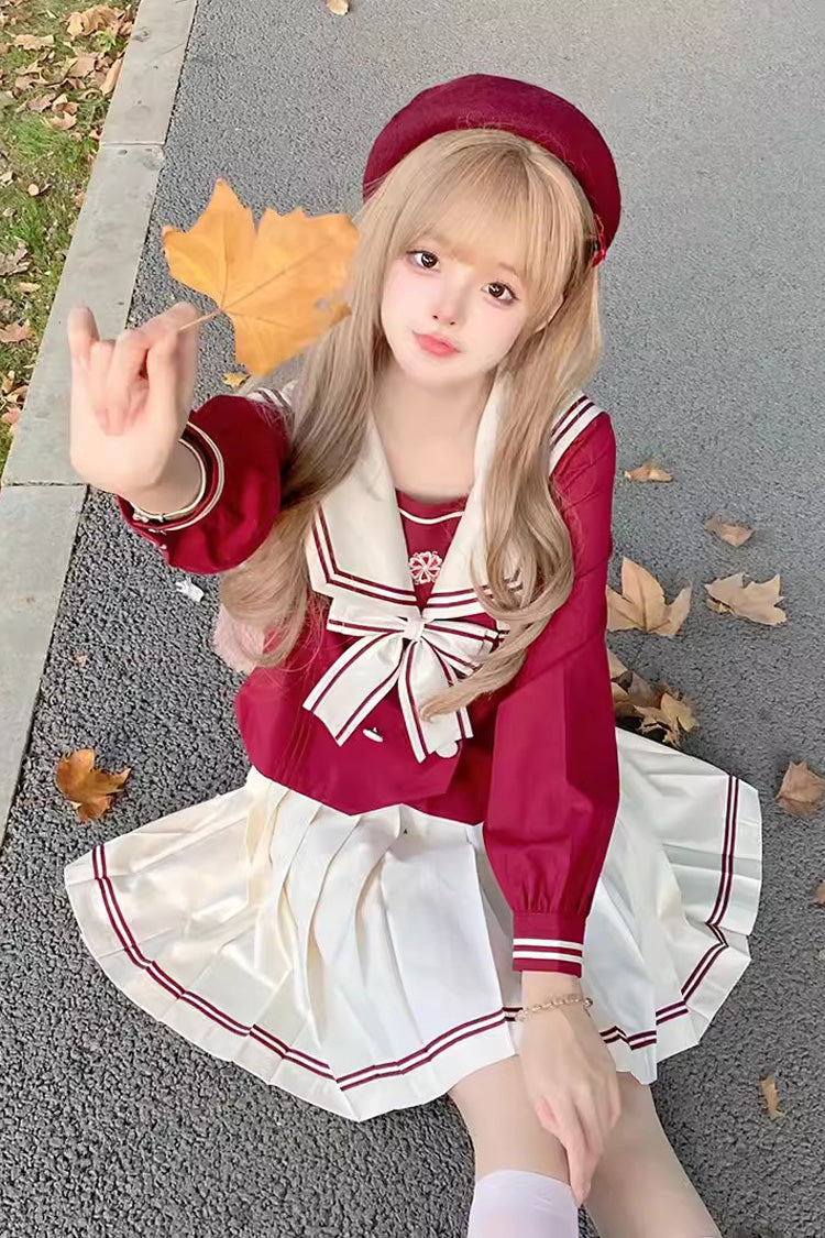 Red/White Bowknot Sweet College Style Japanese School Skirt Set - Product - 5